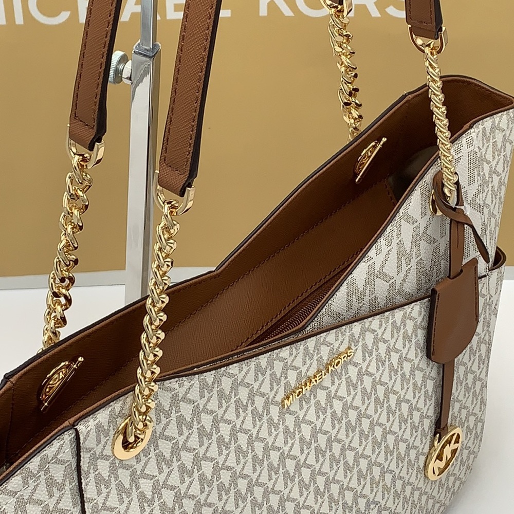 MICHAEL KORS LARGE X CHAIN SHOULDER TOTE BAG VANILLA SIGNATURE - Picture 6 of 16